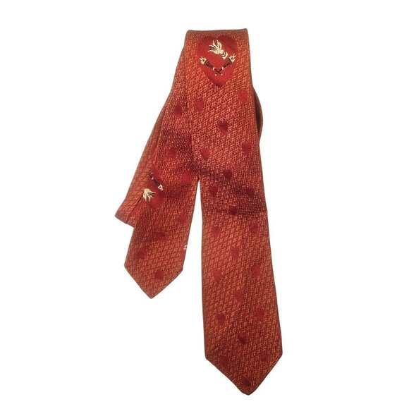 Manhattan Shirt Co 1950s Red Silk Tie Embroidered Dove over Crossed Torches - Picture 8 of 10
